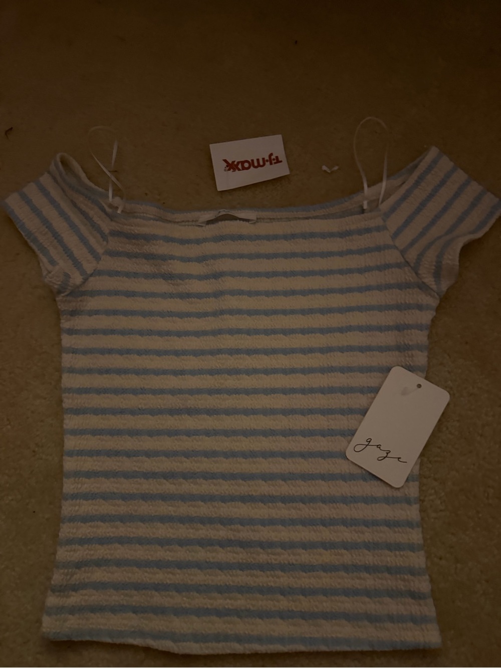 T.J.Maxx Light Blue & White Striped Off-Shoulder Ribbed Top